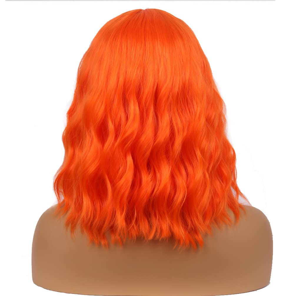 BERON 14 Inches Orange Wig Short Curly Wig Women Girl's Synthetic Wig Orange Wig with Bangs Wig Cap Included