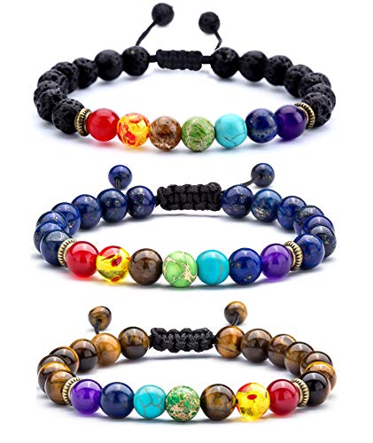 Pulseras de chakra para mujer, pulseras de cuentas de piedra de lava para hombre, pulsera elástica ajustable de 7 chakras (negro, 17), 17, roca de lava Cover