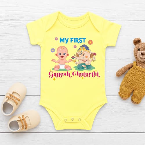 Image of Lillypupp My First Ganesh Chaturthi Dress For Baby Boy Girl | Baby Ganesha Romper Gift For New Born Photography | Ganpati Bappa Morya Baby Photoshoot Dress |