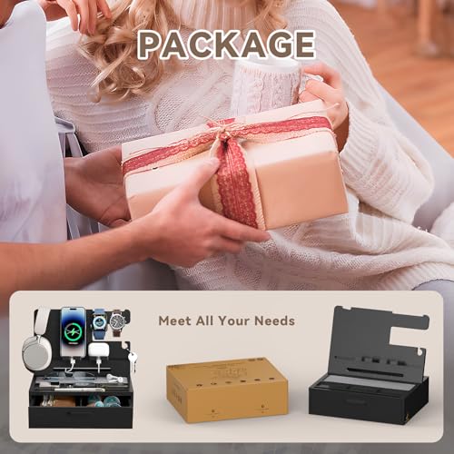 Pezin & Hulin 誕生日プレゼント 男性 デスクオーガナイザー スマホスタンド 竹製 デスク周りの多機能収納ボックス 引き出し付着 便利ガジェット タブレット置き メガネ置き 財布、キー、メガネ、腕時計、イヤホンなど収納出来 彼氏、父親、友達の誕プレ、父の日、記念日への贈り物としてお勧め 組み立て式-ブラック