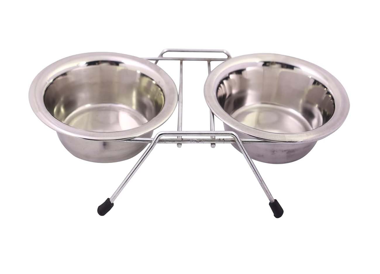 Woofy Pets Double Elevated Food and Water Stand | Stainless-Steel Wire Non-Slip Feeder Stand | Dinner Bowl for Puppies and Small Dogs (Small - 900ML X2),Stainless Steel 3