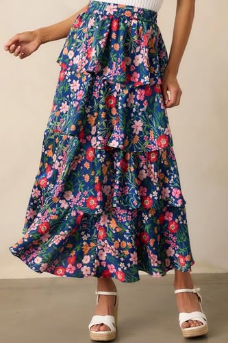Floral Maxi Skirts for Women Summer Elastic High Waist A-Line Boho Beach Long Skirts Ruffle Flowy Skirts Streetwear4