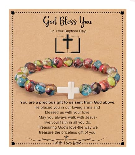 Image of Cross Bracelets for Women, Christian Gifts for Women Stocking Stuffers for Teens Cross Bracelet Imperial Nature Stone Bead Bracelet Confirmation Baptism Gift for Teen Girls Christmas Religious Gift Cathlic Faith Jewelry