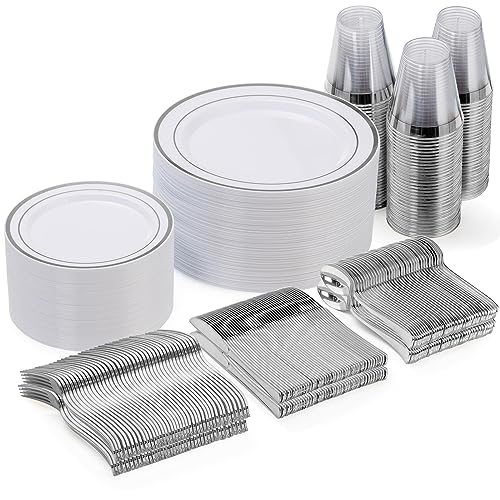 Goodluck 300-Piece Disposable Dinnerware Set for 50 Guests - Silver Plastic Plates, Salad Plates, Cutlery & Cups for Parties & Weddings by Goodluck - Used condition - CA$59.39