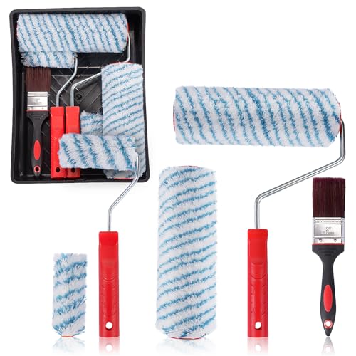 HOMEE Paint Roller Set 9 Inch and 4 Inch, Paint Brush Set for House Painting with Paint Roller Frame, Roller Cover, Brushes and Paint Trays, Paint Roller Kits for Wall Decorating Home DIY Improvement