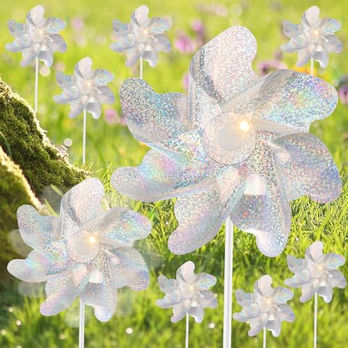 Image of Fulasiteu 10 Pack Reflective Pinwheels for Yard and Garden 7.08inch Pre-Installed Sparkly Silver Pinwheels Pin Wheels Bird Deterrent for Yard, Scare Birds & Animal Away Wind Spinner