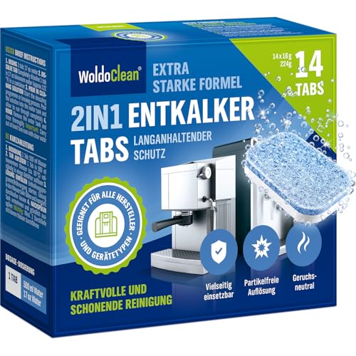 WoldoClean 2in1 Entkalkungstabletten für Kaffeevollautomaten - 2-Phasen Entkalker gegen Kalk & Korrosion, einzeln verpackt, 14 x 16g