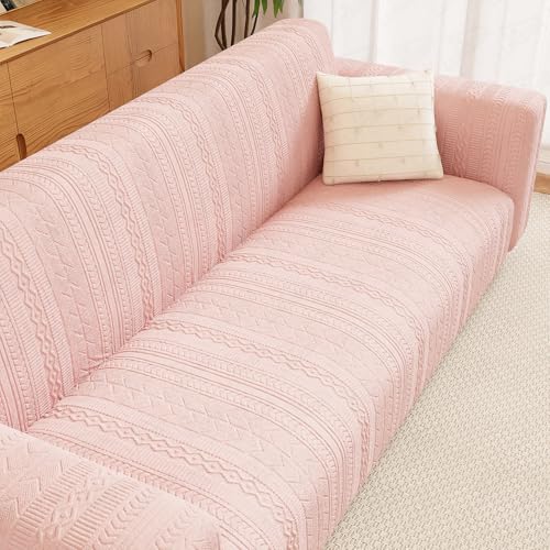 Image of Lukzer 2 Seater Pastel Pink Zigzag Pattern Sofa Cover | 240 GSM Universal Stretch Fit Jacquard Fabric Couch Protector | Fully Covered Anti Slip & Washable Sofa Cover (140-180cm /SC-078-02)