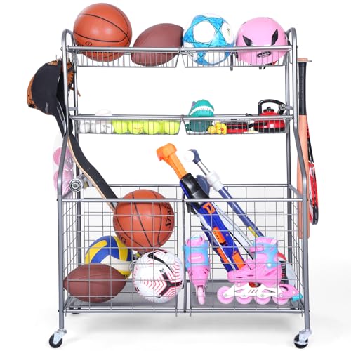 Image of Kinghouse Rolling Sports Equipment Organizer with Wheels, Garage Ball Storage Rack for Basketball, Toys, for Garage, Indoor, Gym, Outdoo, Includes Metal Storage Bin, Bat Holder, Hooks