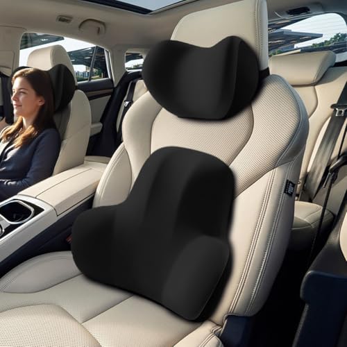 Aikenn 車用ヘッドレスト、ランバーサポート、航空機用ランバーサポート、ショルダーピローセット、クラウドセンシングメモリーフォーム、通気性取り付け簡単 洗濯可能 長時間運転 車中泊 に 車の旅行中/オフィス 椅子/自宅 、セットの組み合わせ (腰クッション・ネックパッド) (黒)