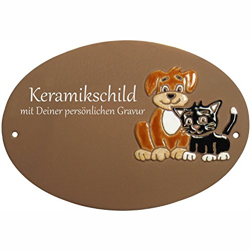 Handarbeit aus Schleswig-Holstein Keramikschild 20,5 x 14,0 cm Motiv Hund und Katze (braun)