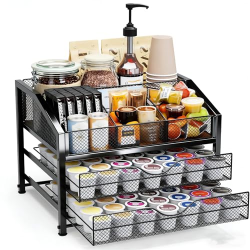 Kvittra Coffee Bar Organizer - 2-Tier K-Cup & Coffee Pod Holder Stand with Dividers - Storage for Coffee Pods, K Cups, Syrup Bottles, Mugs, Creamer, Stirrers, Sugar Packets, Tea Bags
