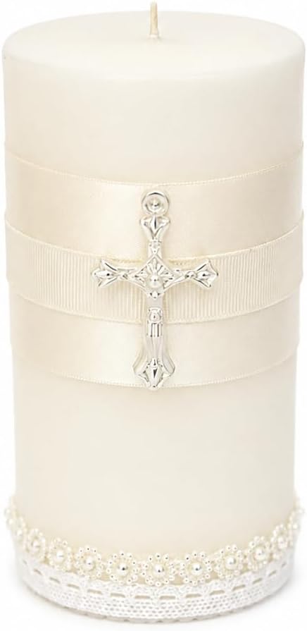 WHITEROOM Baptism Candle for Boys or Girls, Communion Pillar Candle with Pearalr Cross, Elegant Christening Decor, Religious Ceremony Gift, Handmade Ivory Candle
