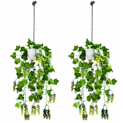 Image of fancymart Artificial Hanging Ivy Plant with White Hanging Pot & Rope, 60 cm Height, Pack of 2, Realistic Green Leaf Creeper for Home, Office, Living Room & Wall Decor
