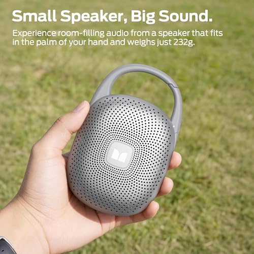 Image of Monster Bluetooth Speaker Ultra-Portable with Integrated Carabiner Clip, IPX7 Waterproof, 29H Playtime, Bluetooth 6.0, TWS Pair Clip-On Speaker for Outdoor, Hiking, Beach, Shower & Travel, Light Grey