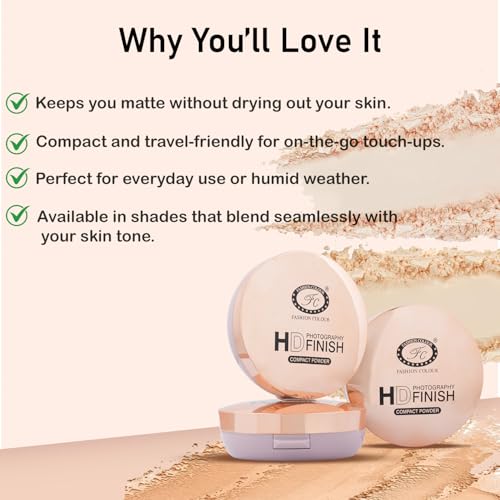 Image of Fashion Colour HD Photography Finish 2 -IN- 1 Compact Powder with Powder Puff | Silky Texture | Ultra-Fine Formula | Blurring Imperfections | Combatting Shine | All-day Long | ( 002, 20g)