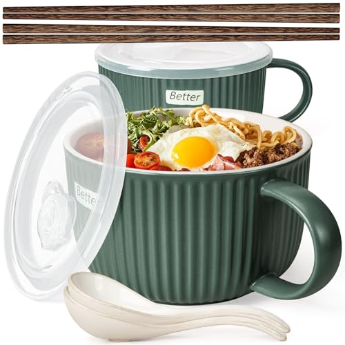 Artena Artena 38 oz Soup Bowls with Handles, Lids, Spoons & Chopsticks – 6 Inch Large Microwave Safe Ceramic Ramen Bowls, Soup Mugs & Cereal Bowls for Instant Noodles, Oatmeal, Meal Prep (Green-Set
