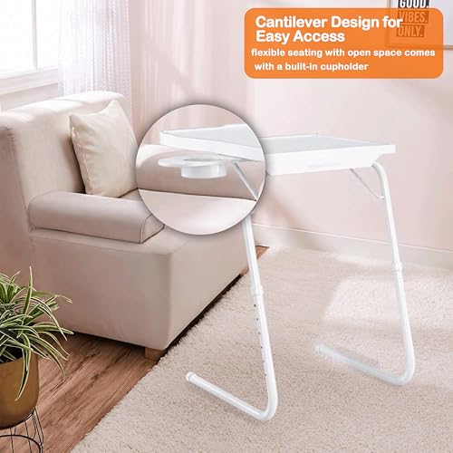 Image of amazon basics Pro Smart | Lounge Mate Smart | Height Adjustable Laptop Table | Adjustable Table Angle | Cupholder | Carbon Steel | Foldable | Dove White | 75 cm - H, 55 cm - L, 40 cm - W