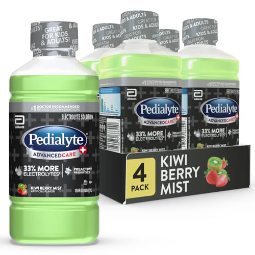 Image of Pedialyte AdvancedCare Plus Electrolyte Hydration Drink, Has 33% More Electrolytes and Has PreActiv Prebiotics, Kiwi Berry Mist, 1 Liter, Pack of 4