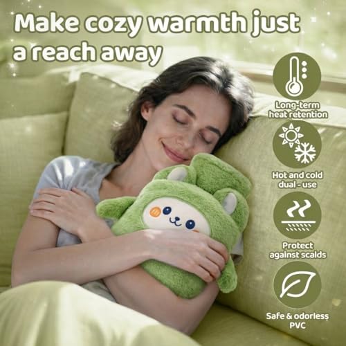 Image of Plush Hot Water Bottle with Soft Cover & Hand Warmer Sleeve 1000ML Heating Bag for Period Cramp, Back Pain & Muscle Aches, Hot & Cold Compress for Shoulder, Stress, Injury & Swelling (Olive Green - Puppy)
