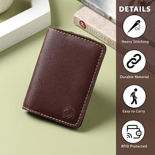 Image of VEMILIO Vegan Leather Card Holder Wallet for Men & Women | Slim Bi-Fold Design | RFID Protected | Button Closure | 3-4 Card Slots | Durable & Travel-Friendly (Brown)