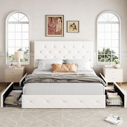 Image of Allewie Upholstered Full Size Platform Bed Frame with 4 Storage Drawers and Adjustable Headboard, Diamond Button Tufted, Wooden Slats Support, Noise-Free, No Box Spring Needed, Easy Assembly, White