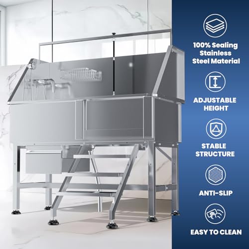 Image of 46 inch Dog Washing Station, Professional Stainless Steel Dog Bathtub w /Ramp & Storage Drawer, Adjustable Grate, Non-Slip Design, Perfect for Home Grooming & Large Dogs (46 inch Right Stair)