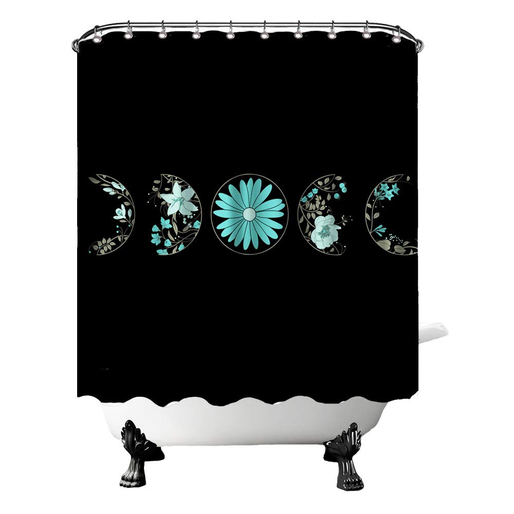 OuElegent Moon Shower Curtain Moon Phase with Cute Blue Flower Space Bathroom Decor Universe Black Curtain Waterproof Fabric with Hooks 72"x72"
