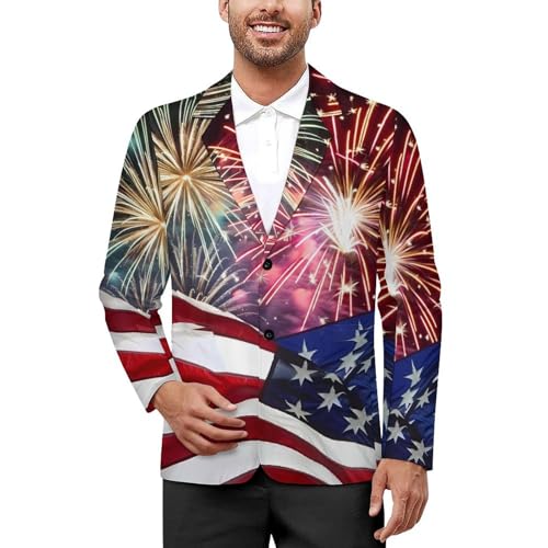 Fireworks American Flag Men's Classic Fit Suit Two Button Blazer Business Coat Tuxedo for Wedding Dinner