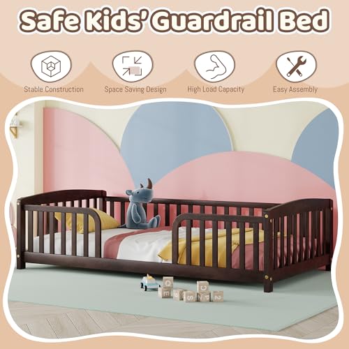 Image of Bellemave Twin Size Montessori Floor Bed Frame with High Fence, Solid Wood Kids Floor Bed with Central Entrance, Low Profile Bed for Boys & Girls, Rounded Corner Design,Espresso