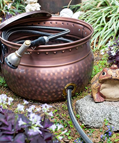 Birdrock Home Water Hose Holder With Lid | Holds 200Ft Hoses | Ground Garden Hose Pot | Decorative | Handle | Embossed | Steel Metal With Copper Accents | Outdoor Or Indoor Use #TOP6