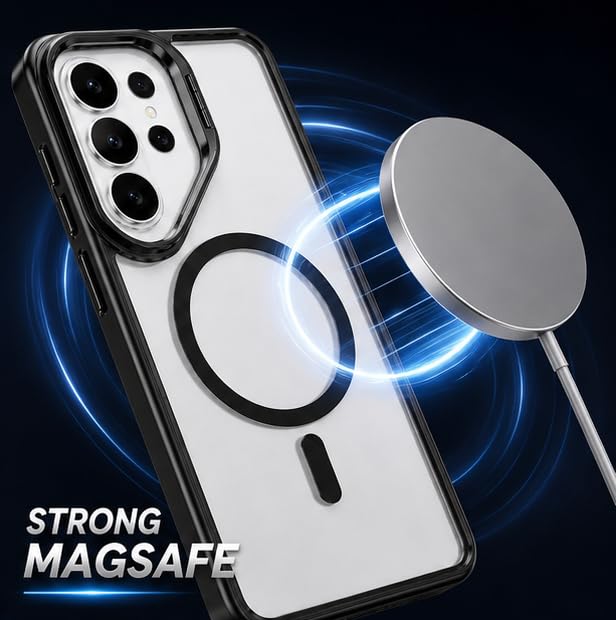 Image of MagPro ClearBack Case with Stand for Samsung Galaxy S26 Ultra Anti Yellow, Strong MagSafe Compatible Cover Shockproof Armor Scratch Resistant Polycarbonate Hard Back with Soft TPU Bumper Black