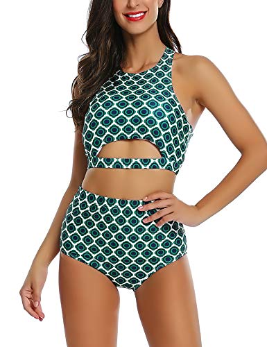 Womens High Neck Geometry Print Swimsuits Crop Top Cutout 2 Piece Two Bathing Suit Swim Vintage Green Swimwear Medium Size 8 10
