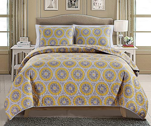 Masterplay 3-Piece Fine Printed (104" X 90") Quilt Set, Bedspread Coverlet King Size Bed Cover (Grey, White, Yellow, Medallion) #TOP1