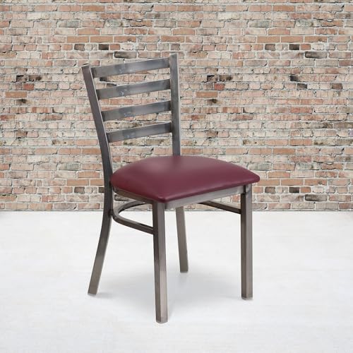 Image of Flash Furniture HERCULES Series Clear Coated Ladder Back Metal Restaurant Chair - Burgundy Vinyl Seat