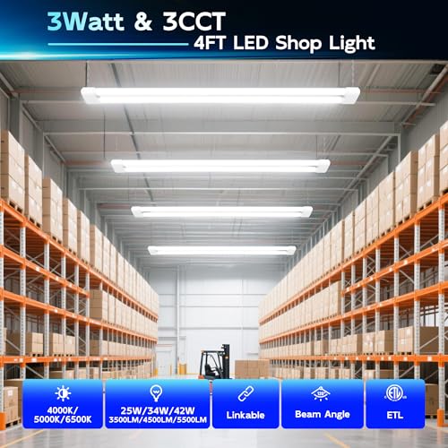 Image of hykolity LED Shop Lights 4FT with Power Cord,5500LM,3 Power Level&3CCT | Shop Light 4000 /5000 /6500K Tunable,25 /34 /42W Switchable,Linkable Hanging /Surface Mount Shop Lights for Workshop,Garage,4 Pack