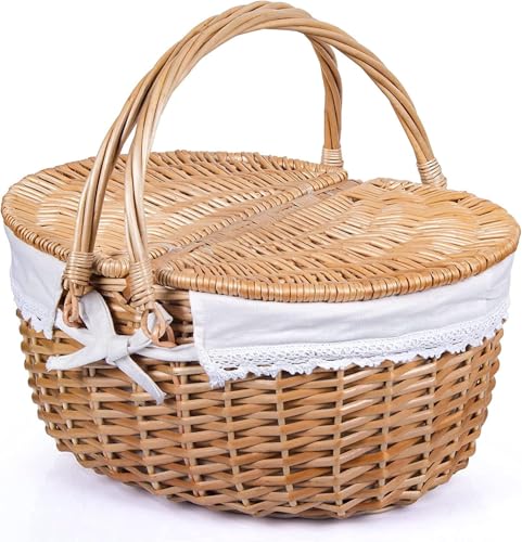 Wicker Picnic Basket with Lid and Handle Natural Study Willow Basket with Washable Liner Vintage-Style Woven Easter Basket for Picnic Camping Outdoor Red/White Gingham