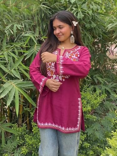Image of GoSriKi Short Kurti for Women Viscose Embroidered | Kurti for Woman Regular Fit | Round Neck V Slit Full Sleeve Stylish Ladies Top Ethnic Wear Womens Clothing Trendy Kurta Tops