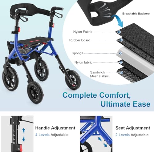 Image of MAXWALK Rollator Walker with Seat, Tall Walkers for Seniors, 12 inch Big Rubber Wheels All Terrain Rollator Walker with Backrest, Built-in Cable, Foldable and Dual Adjustable Height for 5.3-7ft, Blue