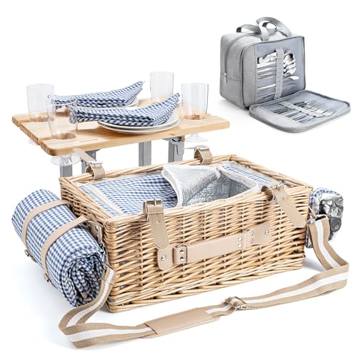 Wovanew Picknickkorb-Set aus Weide für 4 Personen mit abnehmbarem Tisch Bestecktasche isolierter Kühltasche und wasserdichter Picknickdecke für Camping Strand Hochzeitsgeschenke(Blue Grid)