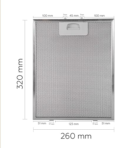 Filtro campana extractora con medidas exteriores 320 mm x 260 mm, mostrando dimensiones de las patillas