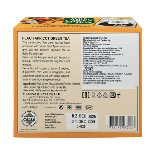 Image of Mlesna Peach Apricot Green Tea 100g | 50 Foil-Wrapped Tea Bags | Pure Ceylon Green Tea | Rich in Antioxidant | Imported from Sri Lanka