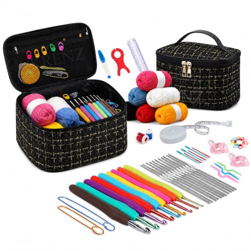 Image of KRENZ 59 Pcs Crochet Kit Set For Beginner Adults Kids Starter Kit Crochet Needles Set Crochet Kit Include 6 Yarn Crochet Hooks Stitch Markers Storage Bag All In One Crochet Hook Set With Crochet Yarn (Black Gold Chex)