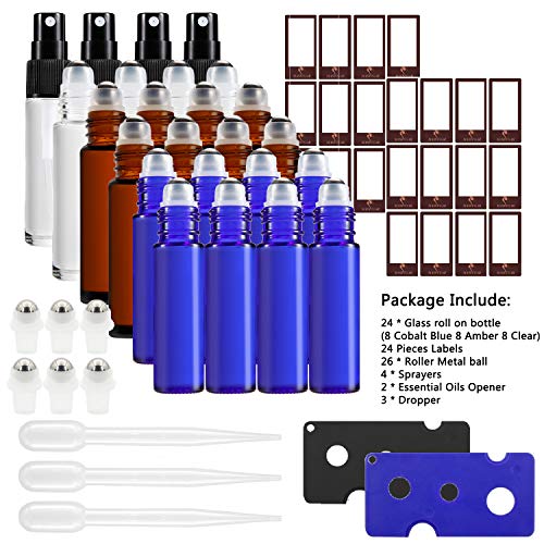 Glass Roller Bottles,24 Pack 10ml Roller Bottles for Essential Oils with Stainless Steel Roller Balls and Glass Spray Bottle(24 Pieces Labels, 3 Dropper, 6 Extra Roller Balls, 2 Bottle Opener)