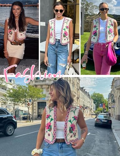 Yimoon Women's Vintage Floral Embroidery Vest Casual Open Front Sleeveless Cardigan Waistcoat (Pink-M)4