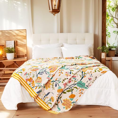 Image of VANJOROY Boho Throw Blanket for Bed, 100% Organic Cotton Breathable Ultra Soft 60 inch x 80 inch Quilt Throw - All Season Floral Rustic Farmhouse Decor Luxury Reversible Blanket for Sofa Couch Chair and Gift