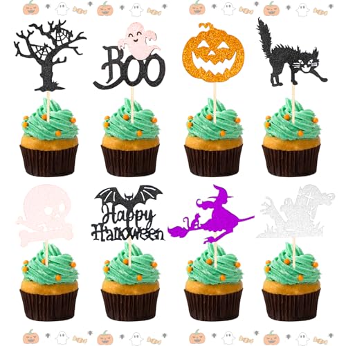 Halloween Cake Toppers 24PCS Halloween Cake Decorations Glitter Cupcake Toppers with Pumpkin Ghost Witch Bat Spider Patterns for Halloweens Theme Party Supplies No DIY A9WSCP24 (A)