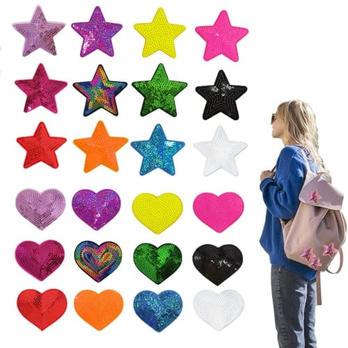 mancyz 24Pcs 3inch Sequin Stars Heart Iron on Patches Glitter Patches Embroidery Iron on Stars for DIY Sew on Patches Hats Clothes Backpacks Dress Pants Jeans