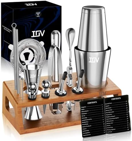 IOV Mixology Bartender Kit Bar Set with Stand | 17-Piece Cocktail Shaker Set | 28oz Boston Shaker Drink Mixer Set with All Essential Accessory Tools | Fun Housewarming Gift (Silver)