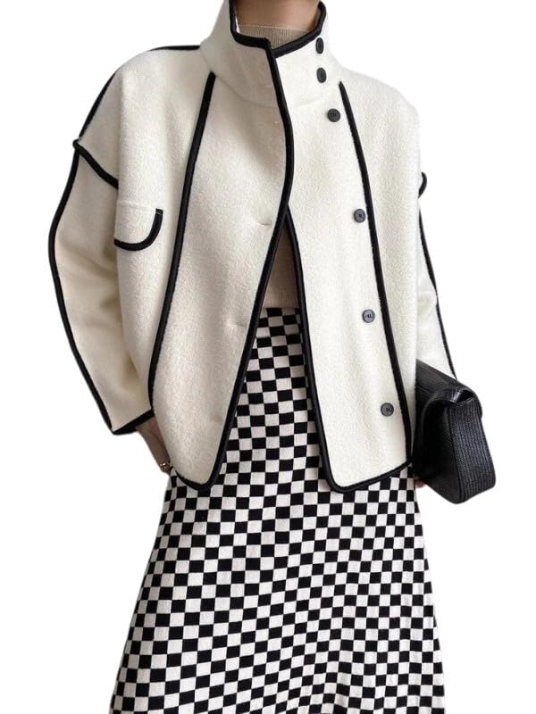 UOOZEE Womens Contrast Trim Wool Blend Jacket Stand Collar Long Sleeve Button Front Winter Fall Coats Outerwear